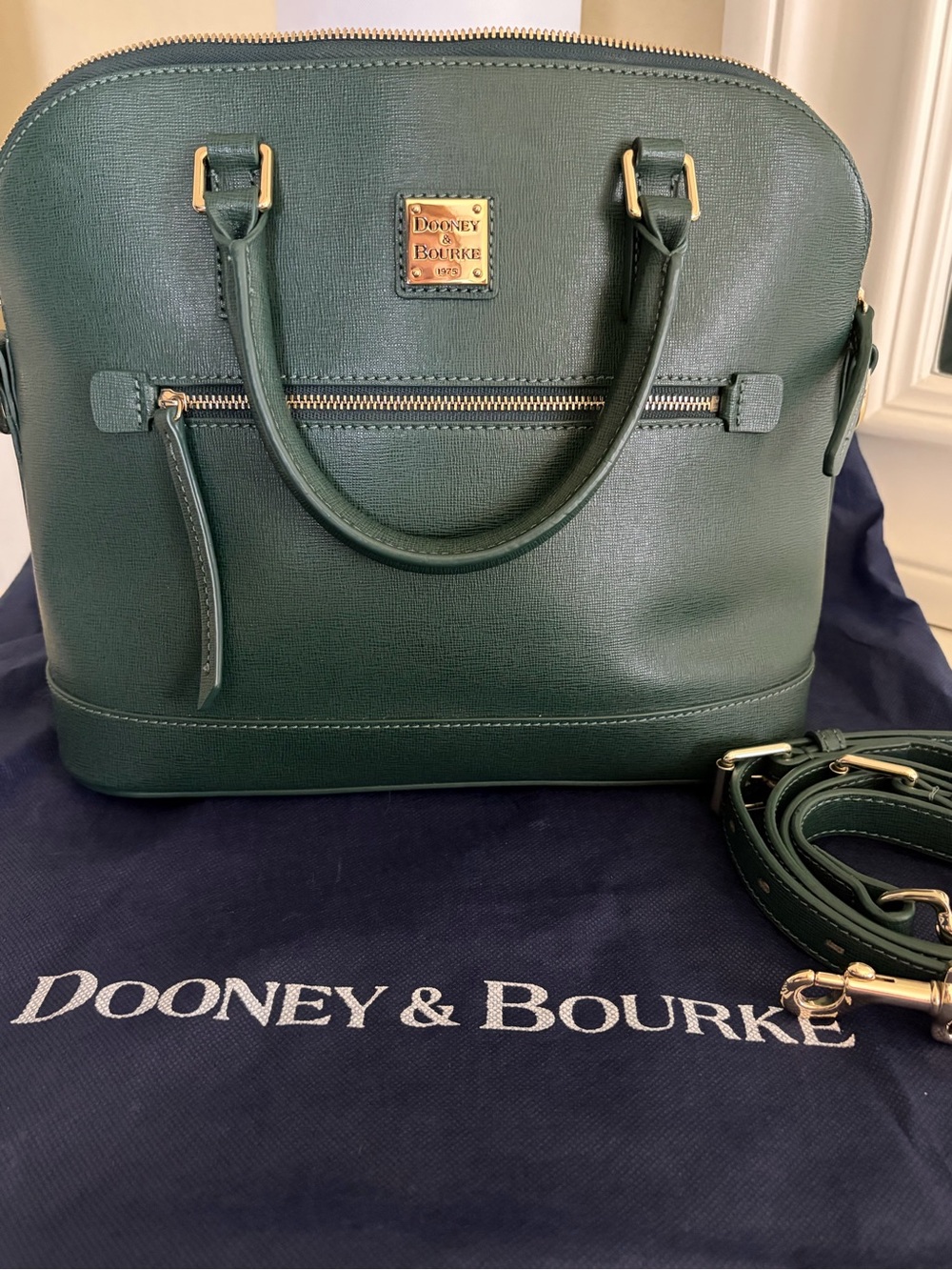 Dooney & Bourke Dark Green Saffiano Dome Satchel with Gold Hardware